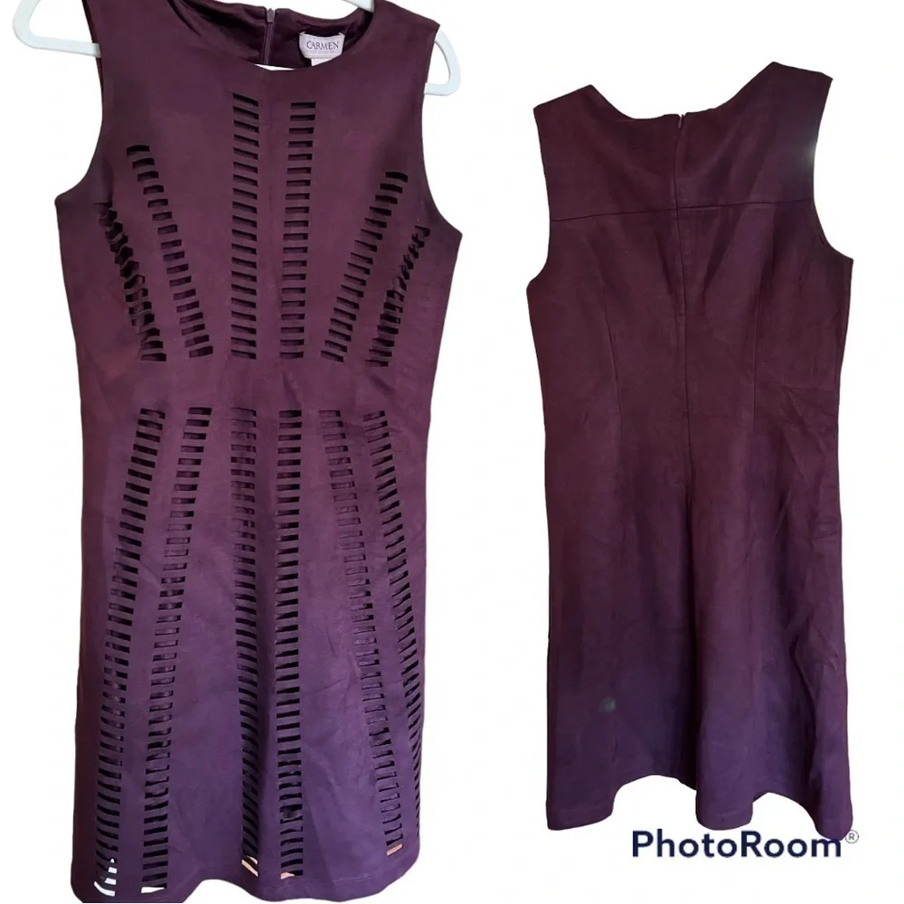 𝅺CARMEN Marc Valvo Faux Suede Purple/Eggplant Lazer Cut Sheath dress sz small
